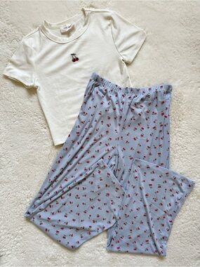 Pink Rose White Tee & Light Blue Cherry Print Pajama Set M